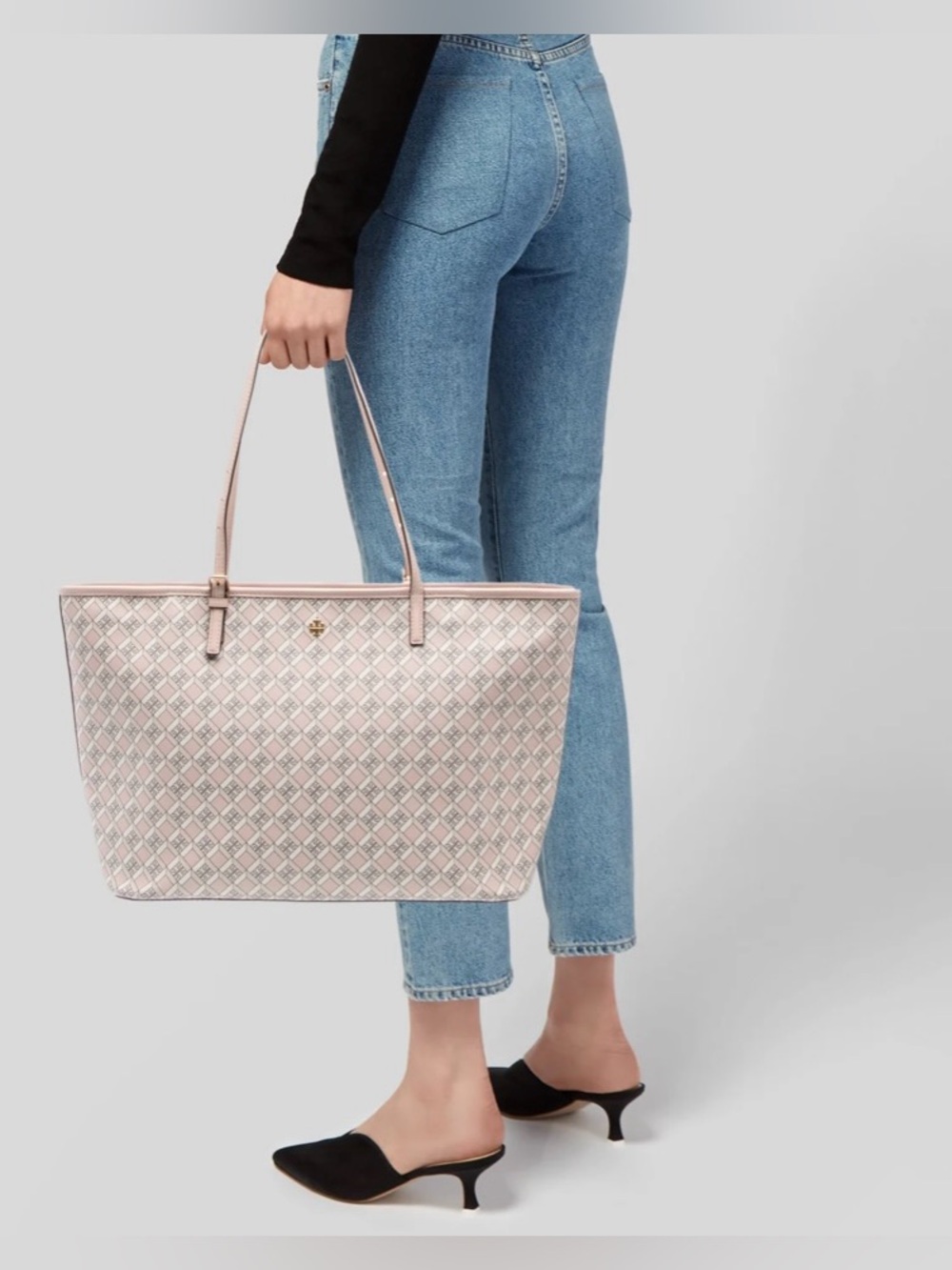 TORY BURCH BLUSH LIGHT PINK GEO LOGO TOP ZIP TOTE WITH GOLD HARDWARE